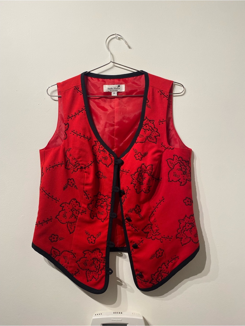 Saks Fifth Avenue Red Floral Satin Vest with Black Trim